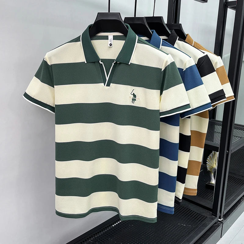 High End Embroidered Polo Shirt for Men, 2026 New Summer Striped Men's Short Sleeved T-shirt, Pure Cotton Lapel Half Sleeved Top