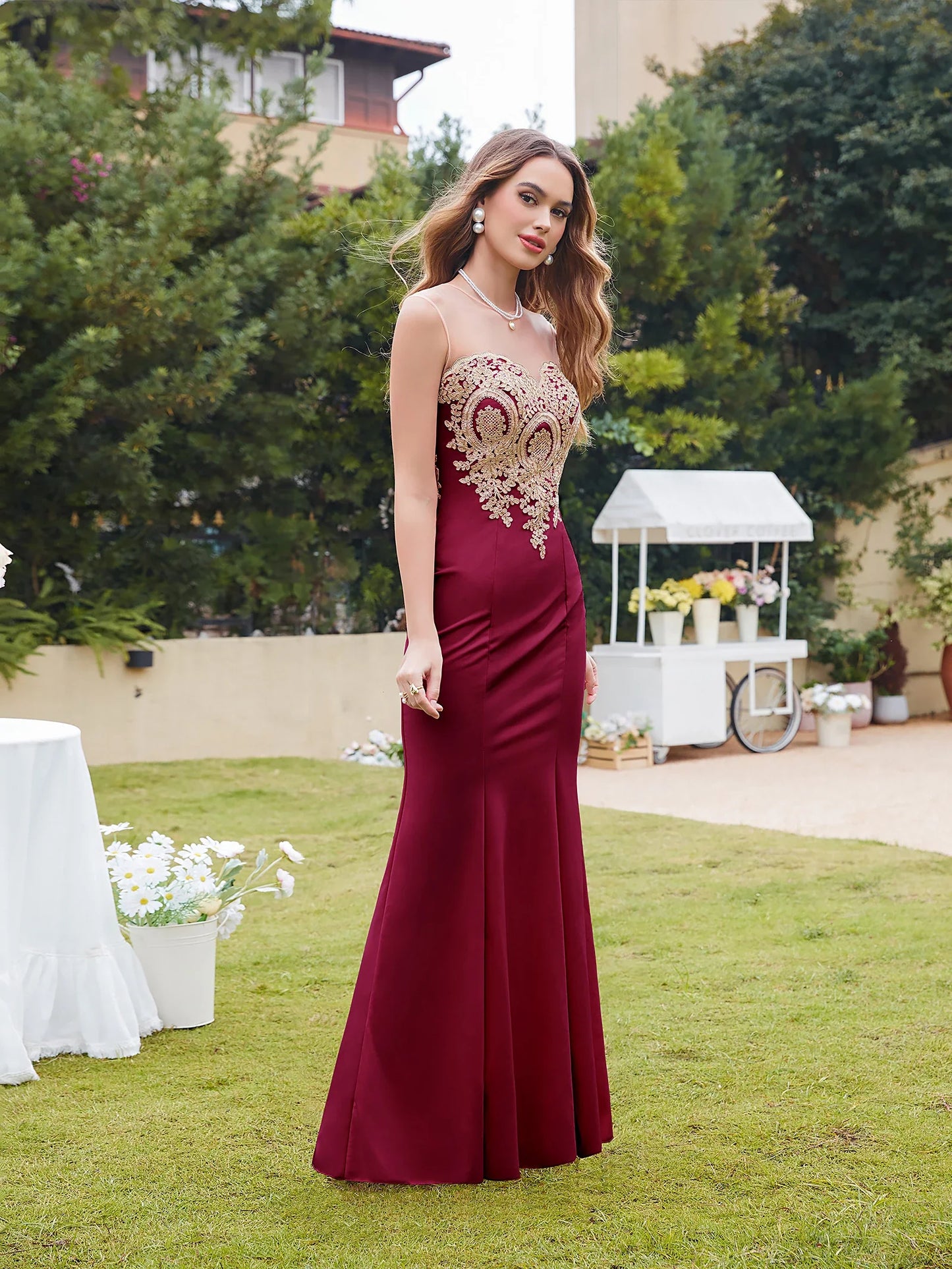 Burgundy Evening Dress Illusion O-Neck Sequins Appliques Sleeveless Mermaid Prom Dress Slim Empire Party Trumpet Gown