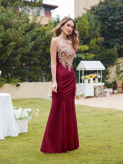 Burgundy Evening Dress Illusion O-Neck Sequins Appliques Sleeveless Mermaid Prom Dress Slim Empire Party Trumpet Gown