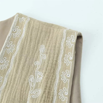 European and American Style 2024 Spring and Summer Women's New Fashionable and Versatile Round Neck Sleeveless Embroidered Vest