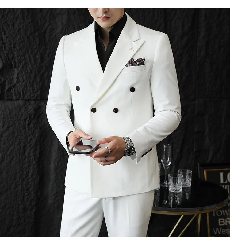( Blazers + Pants ) Boutique Fashion Solid Color Double-breasted Men's Casual Business Slim Suit 2-piece Set Groom Wedding Dress