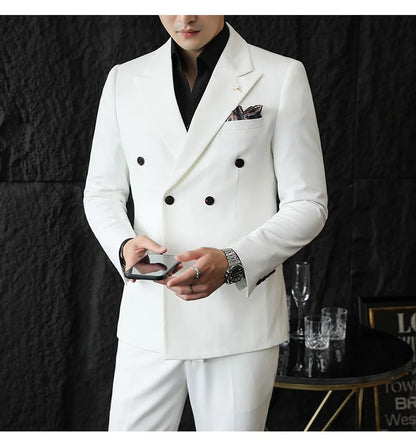 ( Blazers + Pants ) Boutique Fashion Solid Color Double-breasted Men's Casual Business Slim Suit 2-piece Set Groom Wedding Dress