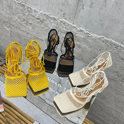 2025 Summer Sexy Mesh Pumps Sandals Female Square Toe High Heel Lace Up Cross-Tied Stiletto Hollow Dress Party Shoes