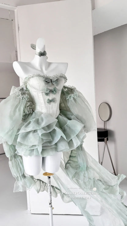 High Street Women's Mint Green Strapless Bowknot Sweet Fairy Organza Dress 2024 New Elegant Big Bow Trailing Party Wedding Dress