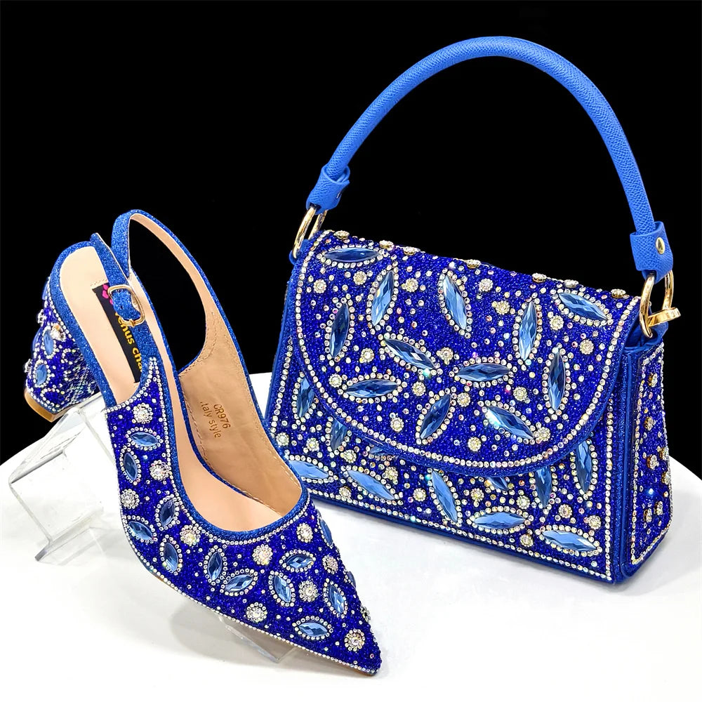 Elegant Nigerian Women's Blue Heels and Rhinestone Handbag Set - Italian Design for Weddings and Parties