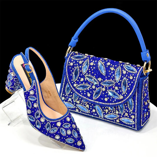 Elegant Nigerian Women's Blue Heels and Rhinestone Handbag Set - Italian Design for Weddings and Parties