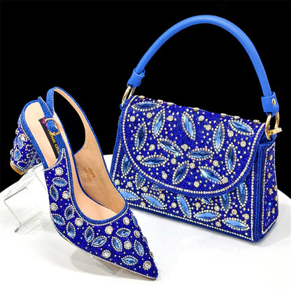 Conjunto Elegante de Sapatos e Bolsa Femininos Nigerianos de Bico Fino para Festa, Scarpins Luxuosos com Strass para Ocasiões Especiais