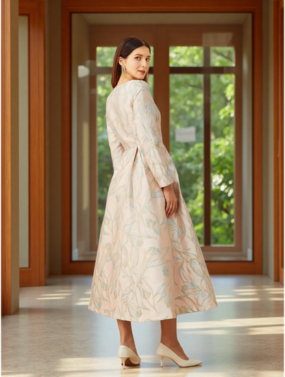 Elegant lady's fitted long-sleeved dress - luxurious and sophisticated party and banquet evening gown, mid-length style