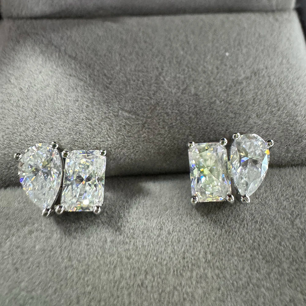 Double Mossanite Stud Earrings for Women Radiant/Pear Cut D Color VVS1 Lab Diamond Ear Studs with Certificate S925 Fine Jewelry