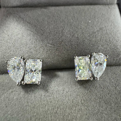 Double Mossanite Stud Earrings for Women Radiant/Pear Cut D Color VVS1 Lab Diamond Ear Studs with Certificate S925 Fine Jewelry