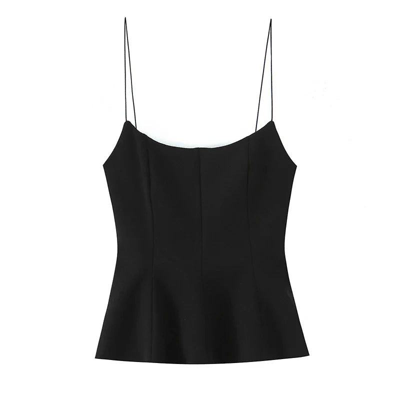 Women Fashion Solid Pleated Backless Side Zipper Tops Vintage Thin Straps Square Collar Female Chic Lady Camis