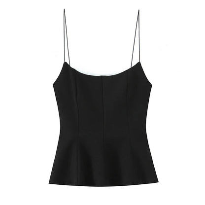 Women Fashion Solid Pleated Backless Side Zipper Tops Vintage Thin Straps Square Collar Female Chic Lady Camis