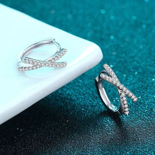 Total 0.28CT Real Moissanite Stud Earrings for Women Cross Wedding Sparkling 925 Silver Simulated Diamond Hoop Earring