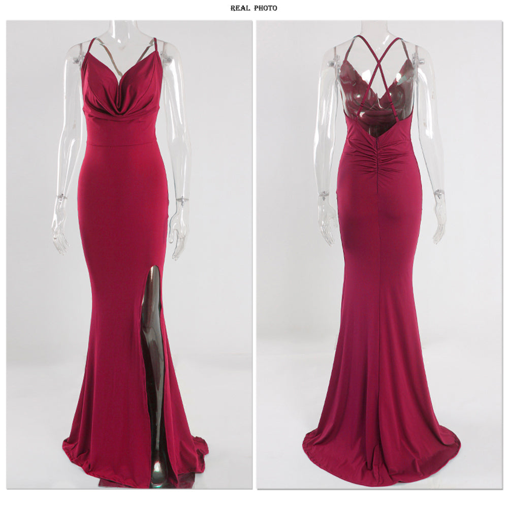 Cowl Neck Backless Cross Straps Split Stretch Bridesmaids Dress Wedding Guest Mermaid Sleeveless Slim Party Evening Gown