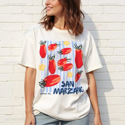 Vintage Italian Tomato Cotton Graphic Tshirt Summer Shirt Women Top Italy Vacation Aesthetic Tomato Girl Market Style