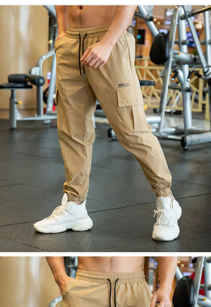Mens Fast Dry Stretch Long Pants Elastic Waist Casual Drawstring Solid Color Ice Silk for Male Business Fashion Sports Trousers