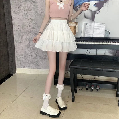 Girls White Puffy A-Line Mini Skirt Spring Summer Fresh Sweet Style Polyester Fabric Short Half-Length Baked Cake Skirt