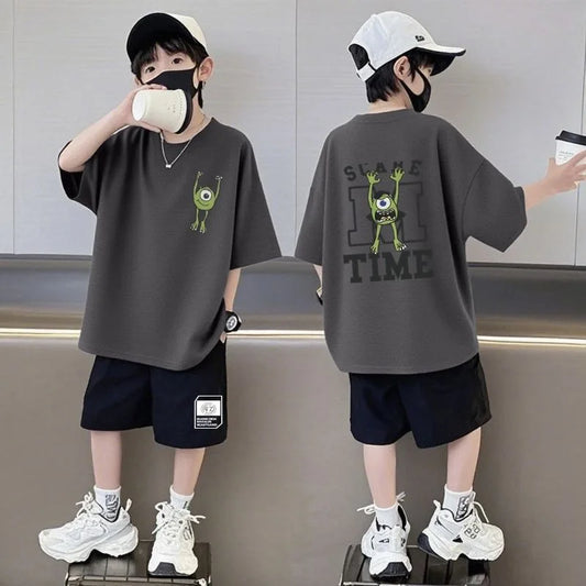 Summer Kids Boys T-Shirt+Shorts 2-Piece Set Printing Children Teen Loose Comfortable Sports Casual Clothes 7-17 Years Old