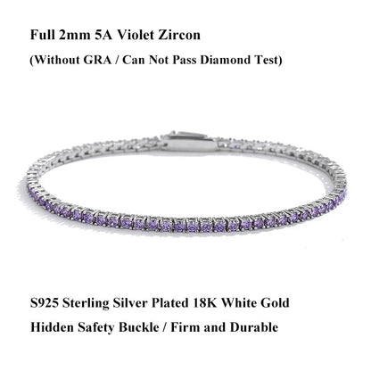 Full 2mm Violet Pink Blue White 5A Zircon Tennis Bracelet for Woman S925 Silver High Carbon All Colored Gemstone Bracelets