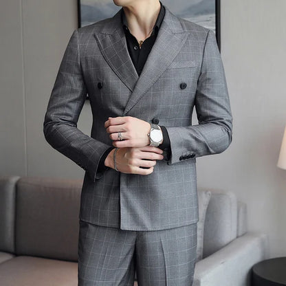 S-5XL ( Blazer + Pants ) Men's High-end Brand Formal Double Breasted Suit Gray 2 Piece Set Wedding Dress Plaid Suit Groom Party