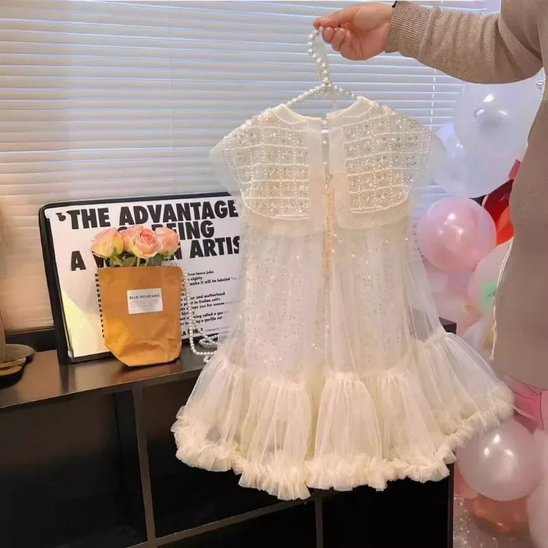 2024 Novo Vestido de Princesa para Meninas, Casual, Primavera, Verão, Roupas Infantis, Vestidos Infantis de Pérolas no Pescoço, Vestido de Fio da Moda