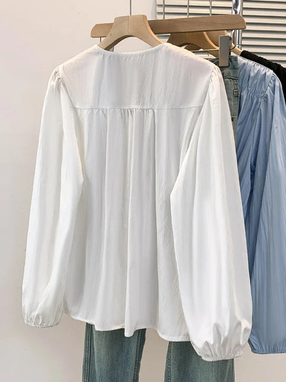 2026 V-neck Long Sleeved Plus Size Shirt Loose Pleated Ruffle Oversized Tops Ladies Chic Elegant Solid Versatile Blouse