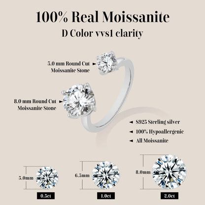 Two Stone Round Cut Moissanite Ring for Women 100% S925 Silver Personalized Open Rings Daily Wear Korean Style Jewelry