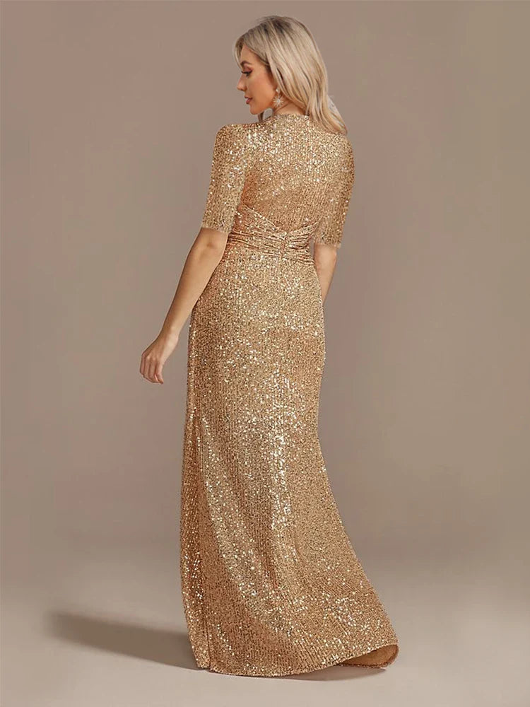 Luxury Floor Length V-Neck Evening Dress 2025 Women Elegant Party Maxi Dress Sequin Short Sleeves Prom Cocktail Gowns