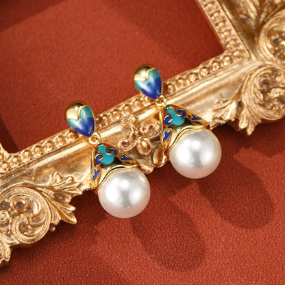 Jewelry Spring New Grid Enamel Earrings Simulated Pearl Dropping Oil Retro Style Earrings Women's Party Festival Gift