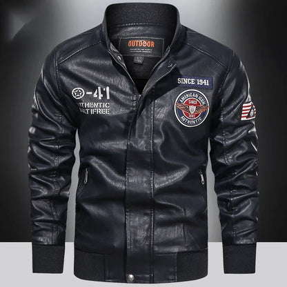 Men’s PU leather motorcycle jacket, color block pilot style, baseball collar, spring autumn, M–XXL