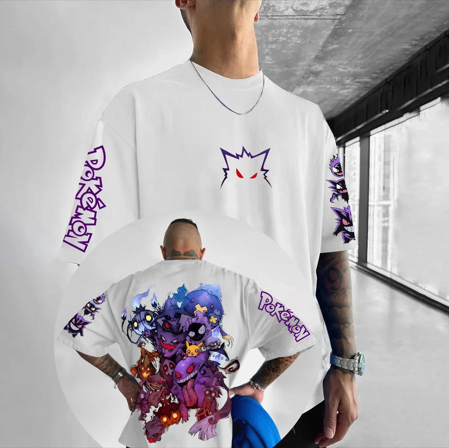 Animation Derivatives Gengar Printing T-shirt Men's and Women's Summer Oversize Loose Cotton Street Trend Brand Top
