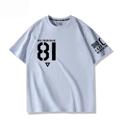 Mobile Suit Gundam 08MS Squad Ez-8 Logotipo Anime Periférico Conjunto Manga Curta Camiseta Roupas Masculinas e Femininas Verão