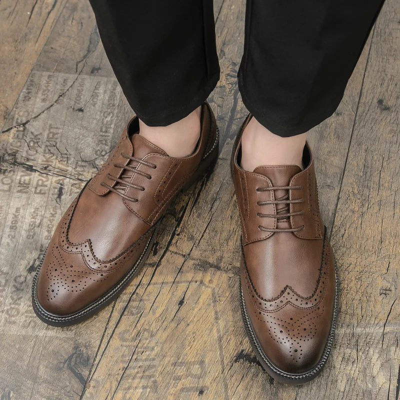 Men Lace Up Derby Shoes PU Solid Color Round Toe Business Casual Fashion Formal Shoes
