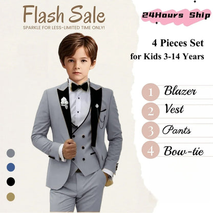 2025 New Kids Suit Set, 4 Pieces Formal Homecoming Suits for Boys, Jacket Vest Pants Bowtie Velvet Collar