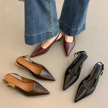 Sexy Pointed Toe Mid Heels Sandals Women Shoes Slingback Summer 2025 Trend Dress Leather Pumps New Elegant Party