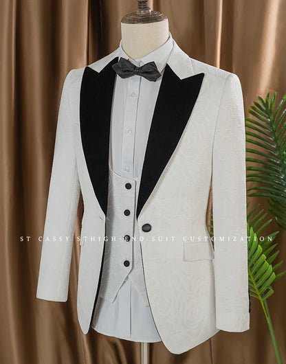 3-piece set man suit（Jacket+vest+pants）groom's wedding suit set men's white slim fit shawl collar‌ evening gown full set