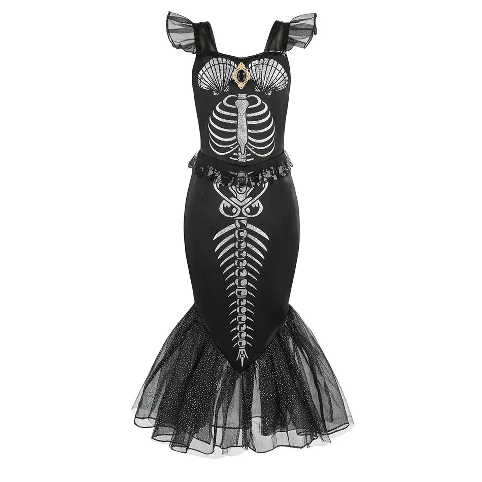 Fantasia de Esqueleto de Sereia Horripilante para Meninas Pequenas Halloween Princesa Gótica Vestido Trompete Ariel Negra Sereia Cosplay Vestido Roupa