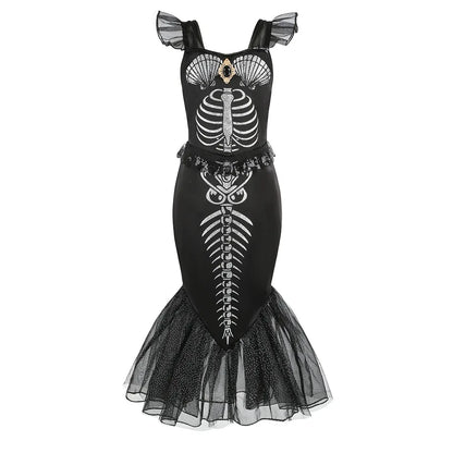 Fantasia de Esqueleto de Sereia Horripilante para Meninas Pequenas Halloween Princesa Gótica Vestido Trompete Ariel Negra Sereia Cosplay Vestido Roupa