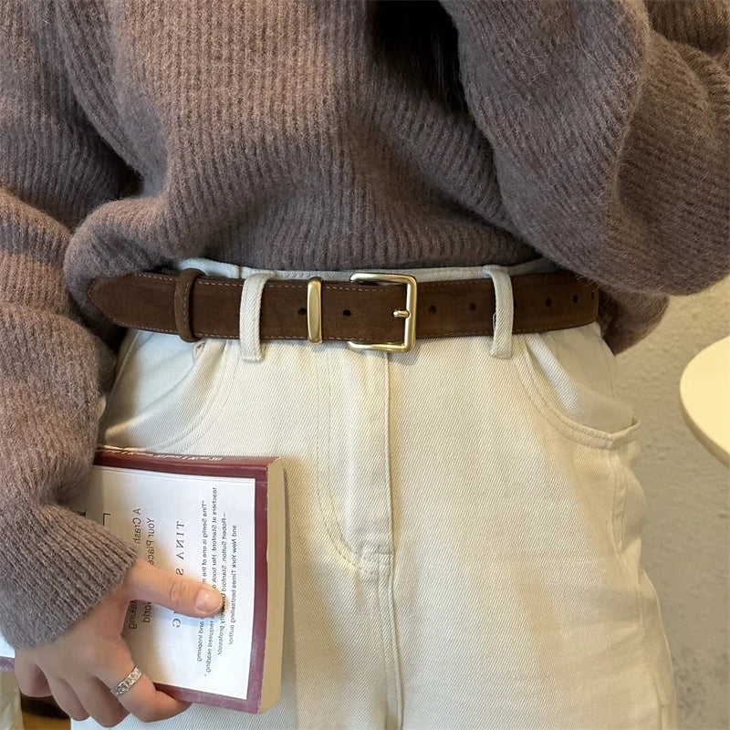 Luxury Suede Cowhide Leather Belt for Women, Vintage Style with Gold Buckle, 3.3cm Wide Waistband for Dresses & Jeans