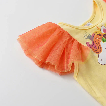 Kids Summer Vestidos Girls Flare Sleeve Mesh Tulle Layered Princess Birthday Party Tutu Dresses Girls Unicorn Print Dress