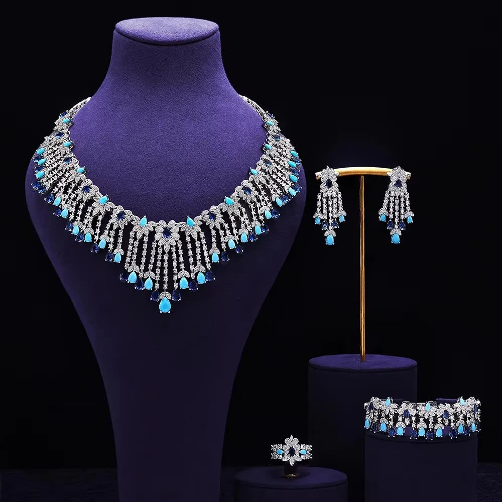 2024 Novo Conjunto de Joias de Luxo 4 Peças com Zircônia Cúbica para Noiva, Conjunto de Colar com Cristais, Conjunto de Joias de Dubai, Nigéria