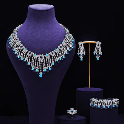 2024 Novo Conjunto de Joias de Luxo 4 Peças com Zircônia Cúbica para Noiva, Conjunto de Colar com Cristais, Conjunto de Joias de Dubai, Nigéria
