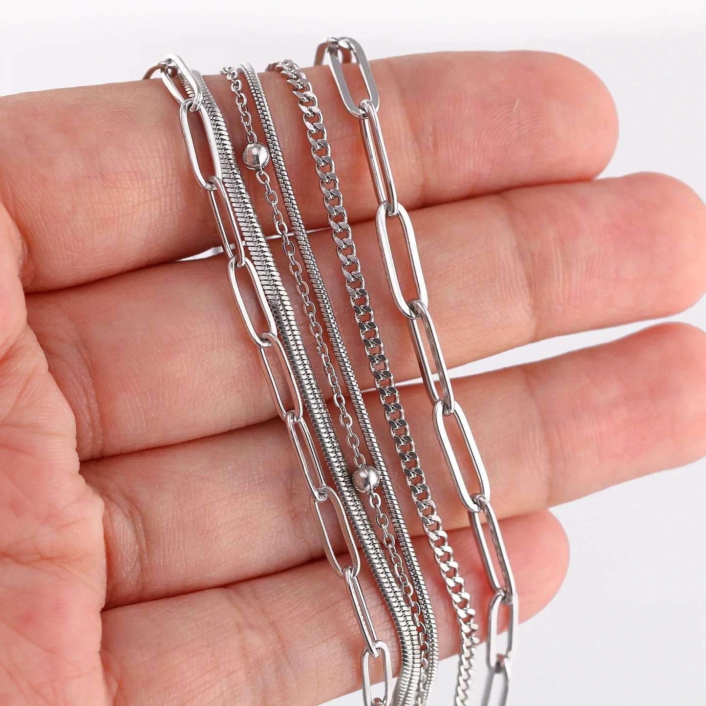 5Pcs/Lot Stainless Steel Bead Rope Link/Cuban/Paperclip Links Snake Chain Necklace Diy Women Jewelry 18K Gold Color Neck Chains