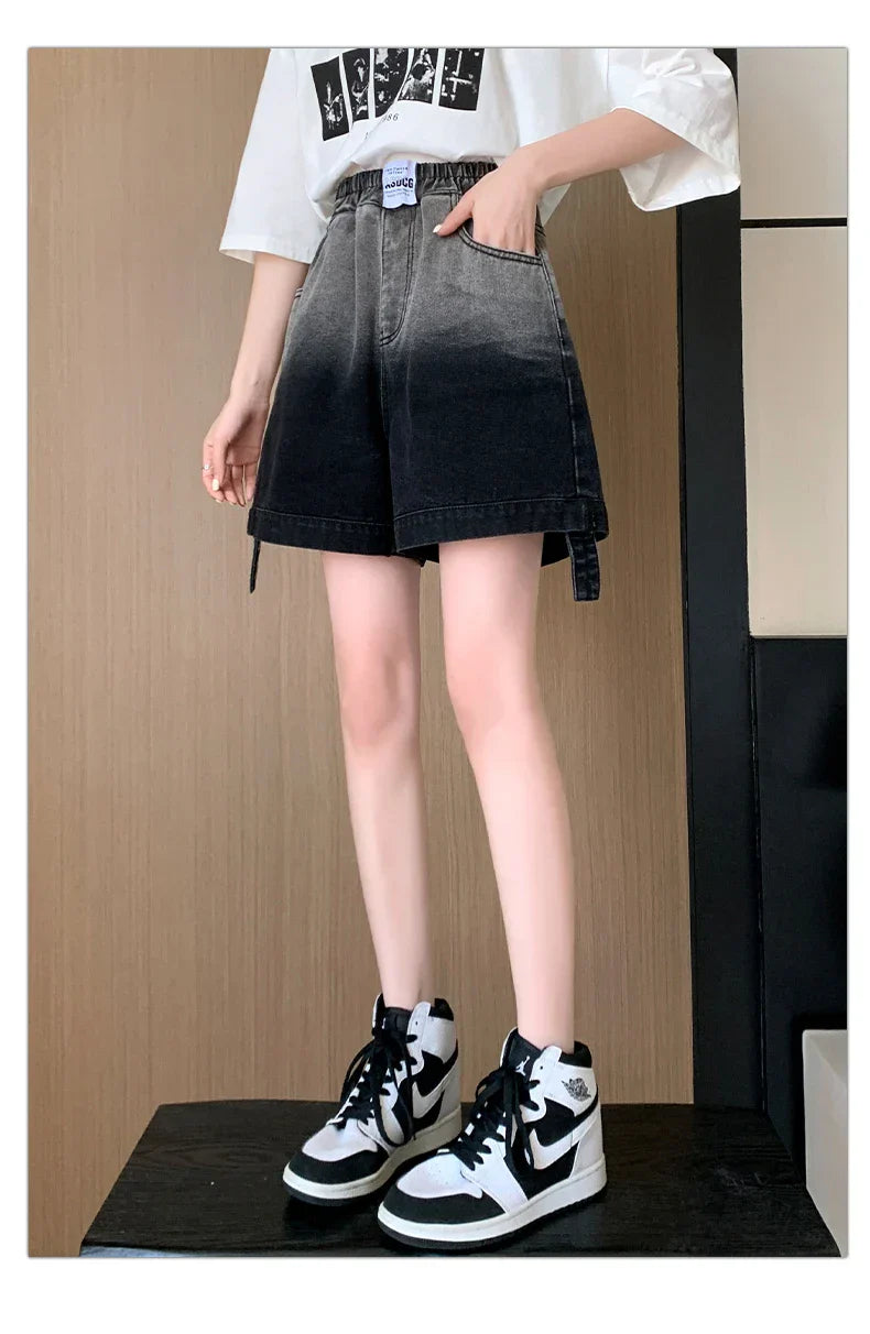 Plus Size Denim Shorts For Women Summer 2024 New High Elastic Waist Pockets Wide Leg Loose Jean Short Femme Hot Sale