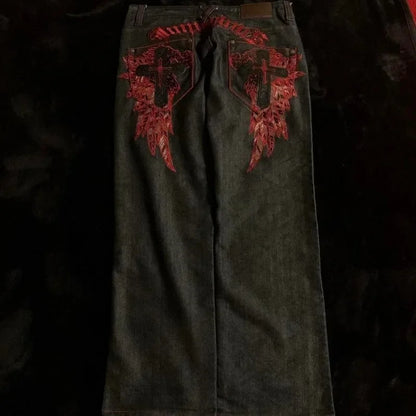 American Retro Y2K High Street Gothic Embroidered Men Black Red Pattern High Waist Jeans Street Couple Casual Pants