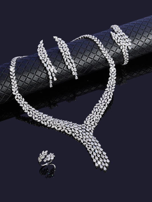 Luxury Brilliant Cubic Zirconia Bridal Jewelry Set Brides Accessories Tassel Water Drop Necklace Earring 4pcs Set for Wedding
