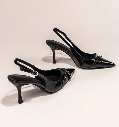 Sapatos de Salto Agulha Elegantes com Fivela, Bico Fino, Boca Rasa, para o Verão, Sapatos Femininos Pretos NO:602