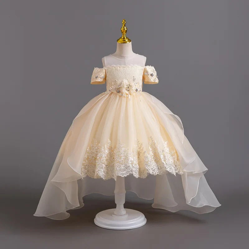 2026 New Summer Flower Girl Graduation Performance Tailcoat Embroidered Party Dress Trailing Tulle3-11 Years Old The Girl Dress