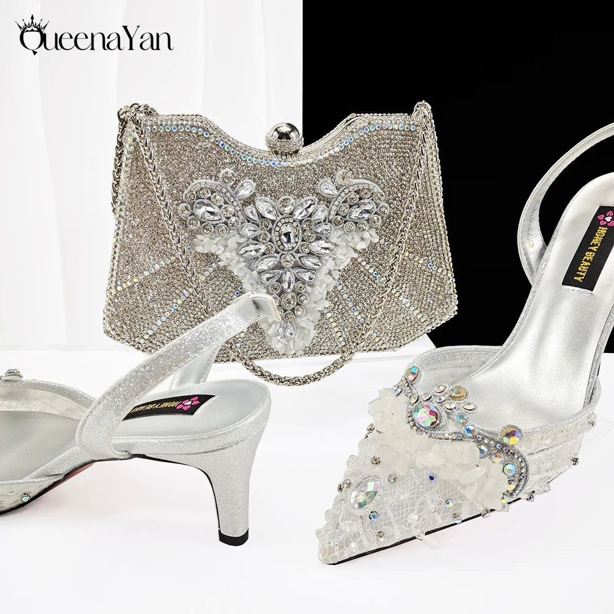 Purple Color Rhinestone Decoration Design Party Wedding Lady Pointed Toe High Heels and Bag Set