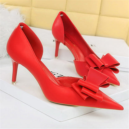 Women 7.5cm 10cm High Heels Korean Pumps Scarpins Cute Bow Middle Low Heels Lady Fetish Sweet Wedding Bridal Yellow Blue Shoes